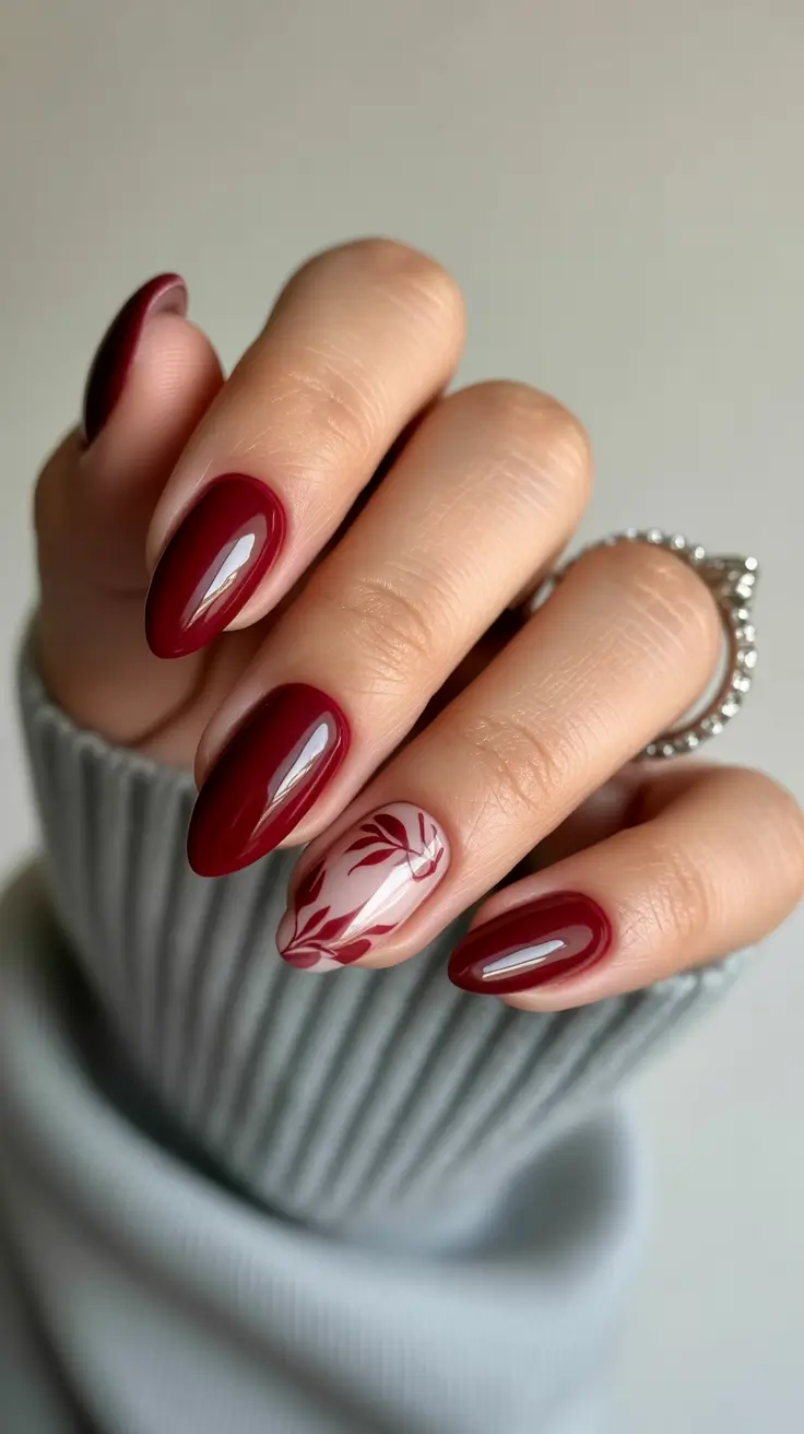 Trendy Almond Nail Shapes Winter 2025-2026 Crimson Leaf Accent