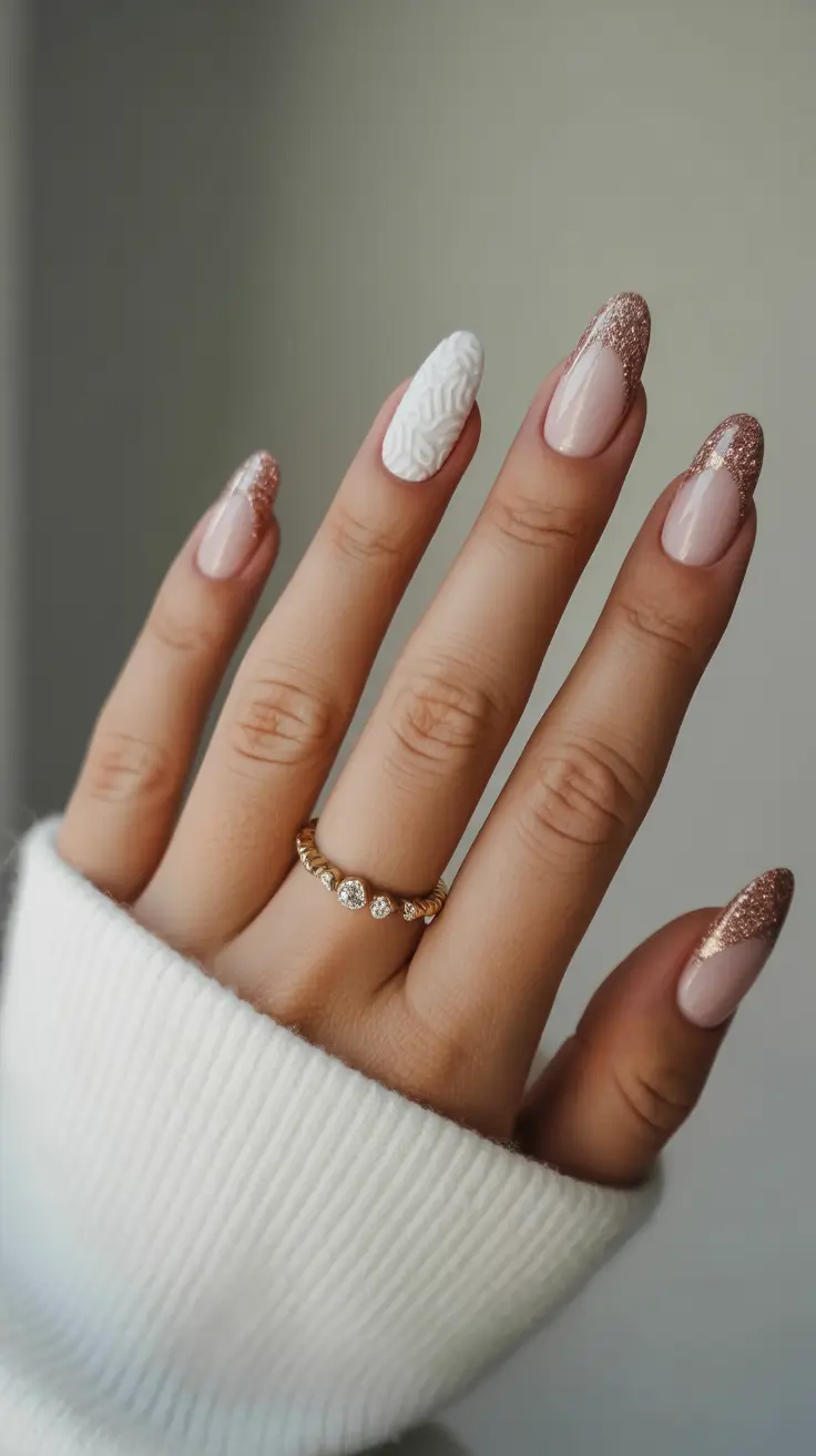 Trendy Almond Nail Shapes Winter 2025-2026 Soft Rose Gold Knit