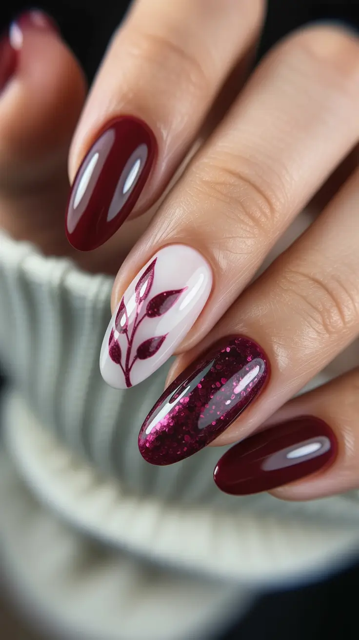Trendy Almond Nail Shapes Winter 2025-2026 Berry Spark and Leaf Detail