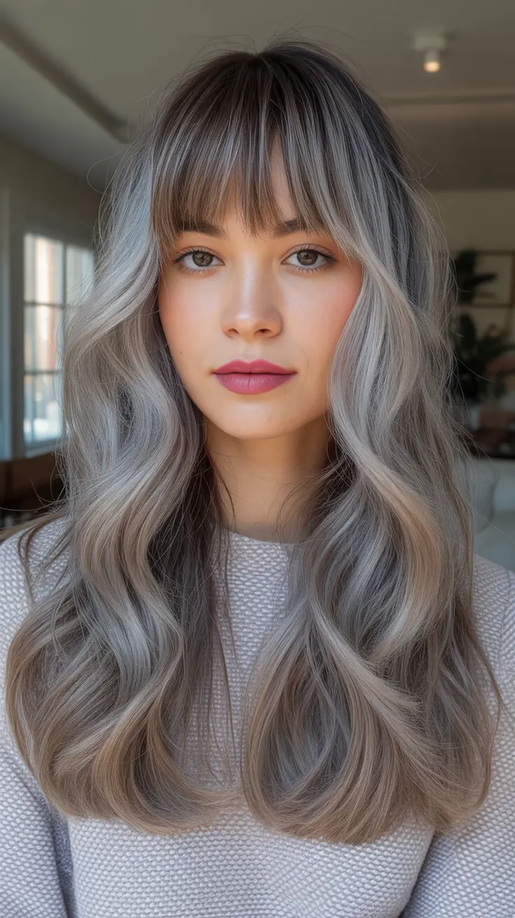 Trendy Fall & Winter Haircuts Ideas 2025–2026 Silver Ash Waves with Blunt Bangs