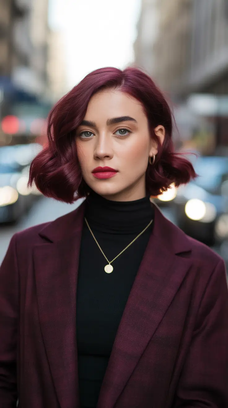 Trendy Fall & Winter Haircuts Ideas 2025–2026 Rich Burgundy Bob with Side Part