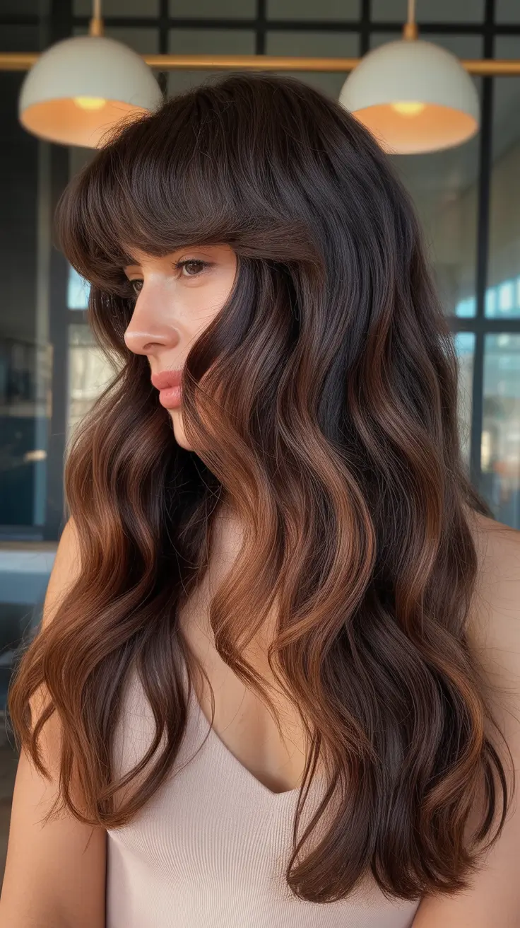 Trendy Fall & Winter Haircuts Ideas 2025–2026 Chocolate Balayage Waves with Curtain Bangs