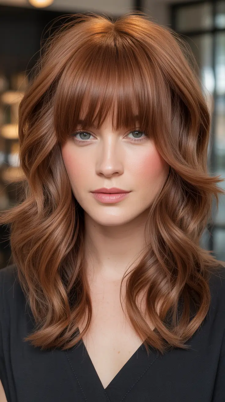 Trendy Fall & Winter Haircuts Ideas 2025–2026 Shag with Blunt Bangs and Copper Undertones