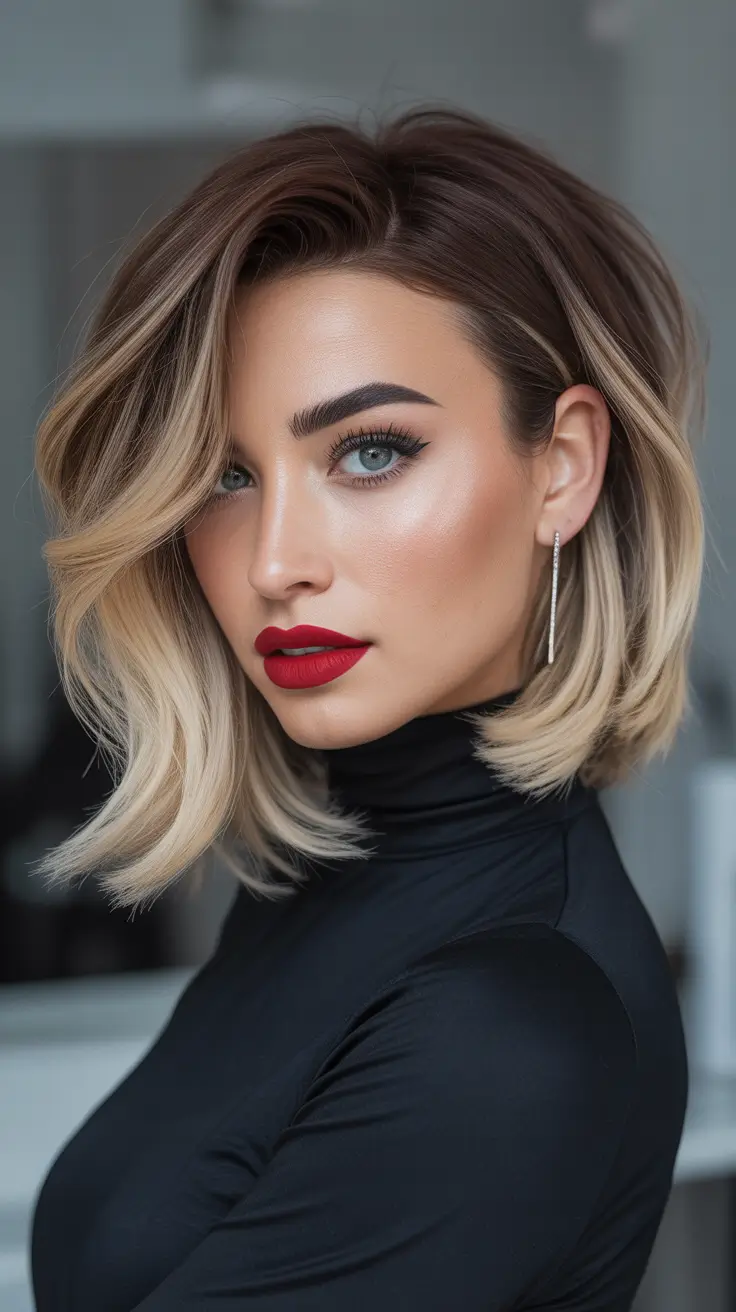 Trendy Fall & Winter Haircuts Ideas 2025–2026 Rooted Blonde Bob with Voluminous Waves