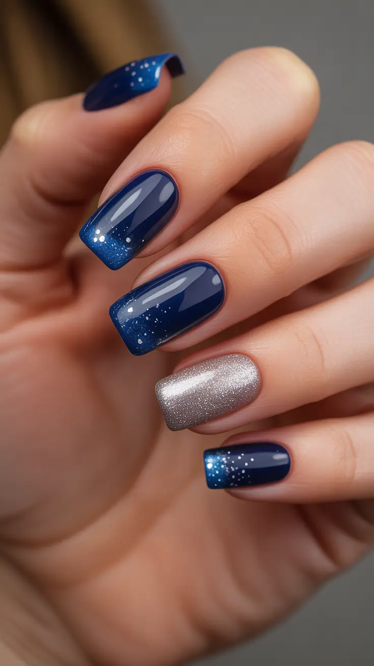 Trendy Simple Winter Nail Ideas 2025-2026 Midnight Blue Sparkle Tips