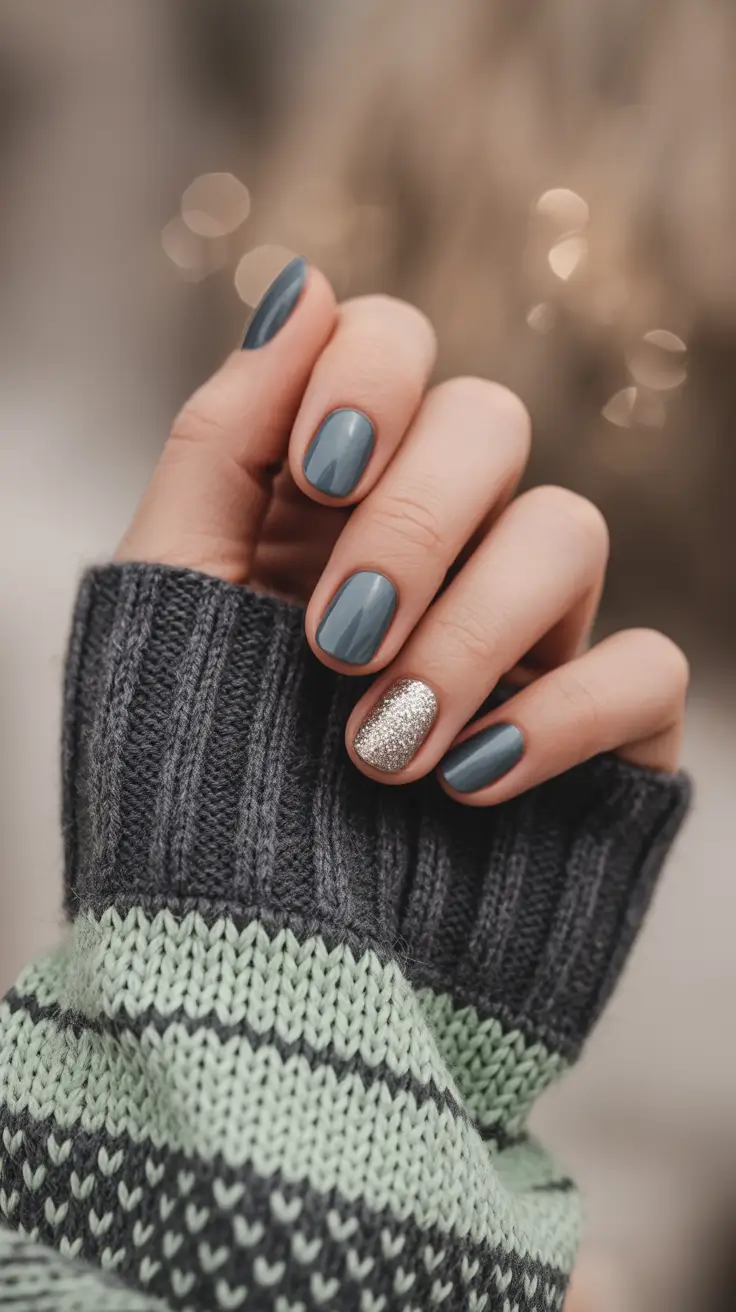 Trendy Simple Winter Nail Ideas 2025-2026 Smoky Teal & Silver Accent