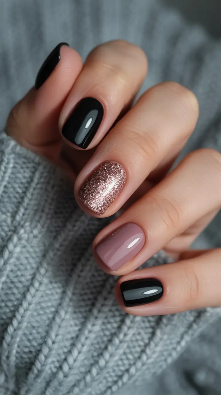 Trendy Simple Winter Nail Ideas 2025-2026 Black, Nude & Rose Gold Mix
