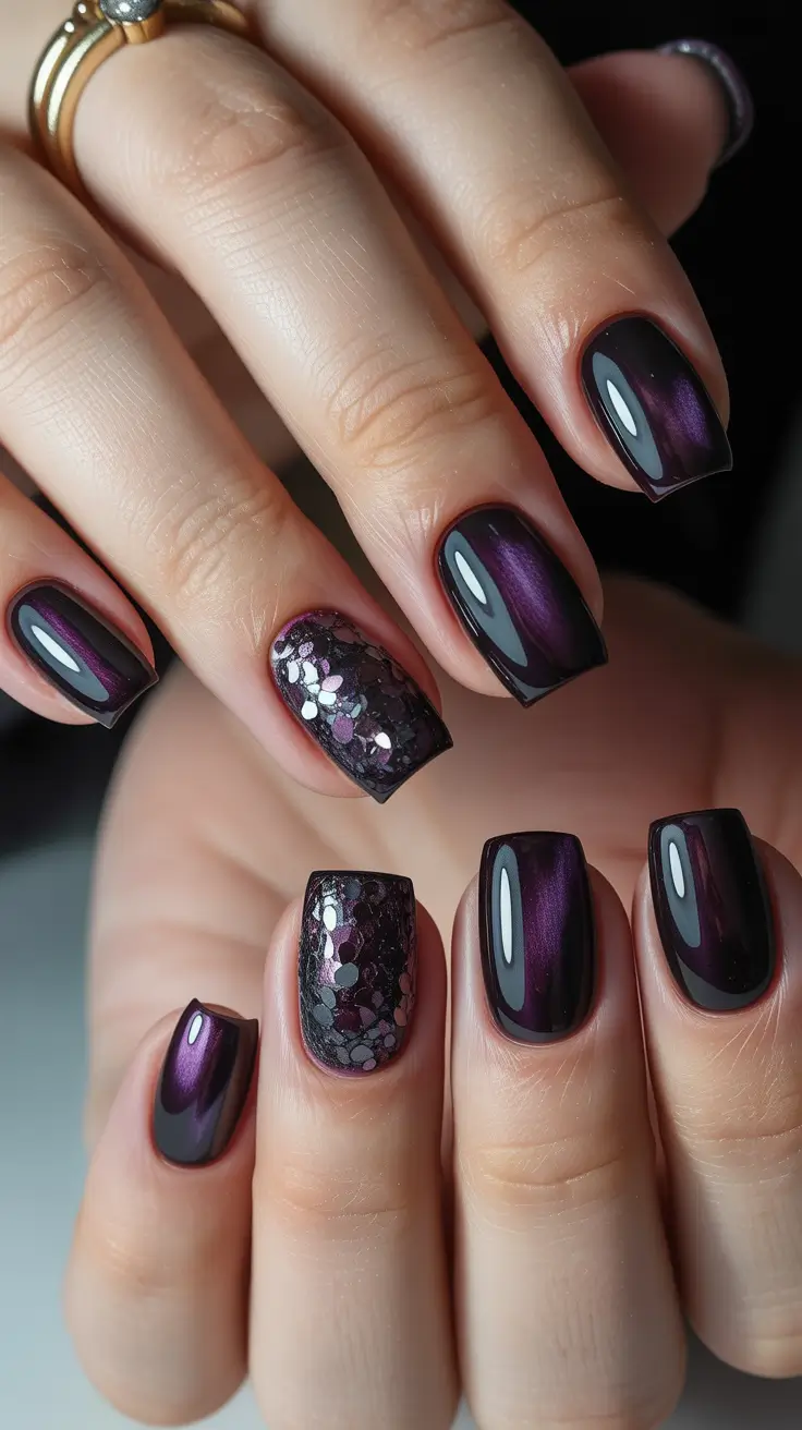 Trendy Simple Winter Nail Ideas 2025-2026 Plum Dimension with Glossy Sequins