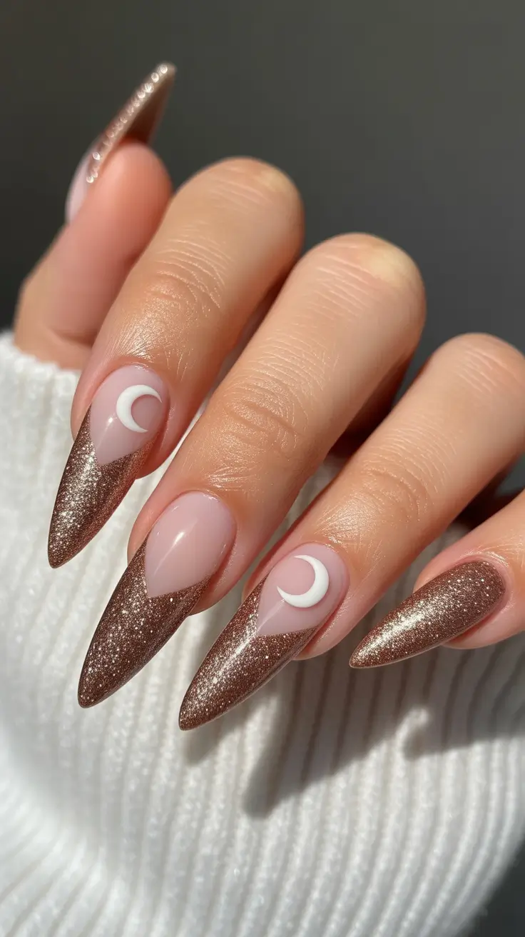 Trendy Simple Winter Nail Ideas 2025-2026 Golden Moonlight Tips