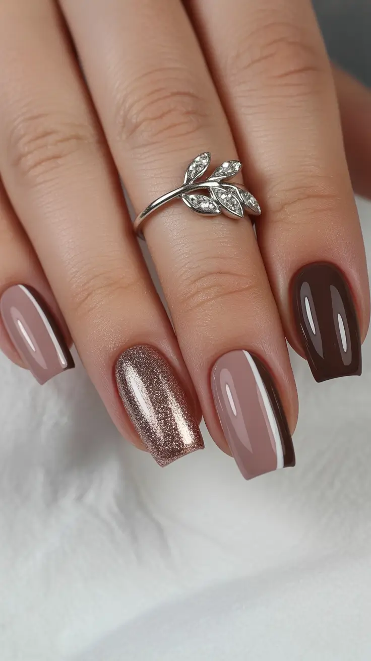 Trendy Simple Winter Nail Ideas 2025-2026 Cocoa & Champagne Duo