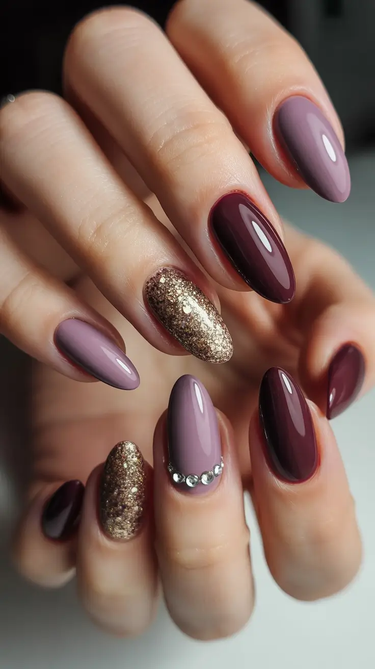 Trendy Simple Winter Nail Ideas 2025-2026 Mulberry Shine with Golden Accents