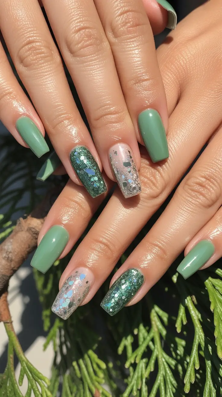 Trendy Winter Nails 2025-2026 Emerald Glitter Bloom