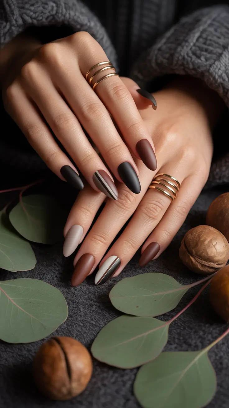 Winter 2025-2026 Dark Nail Colors Ideas Mocha Stripe Harmony