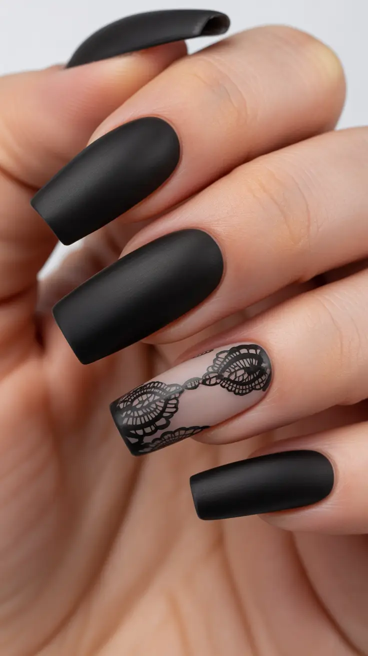 Winter 2025-2026 Dark Nail Colors Ideas Black Lace Elegance