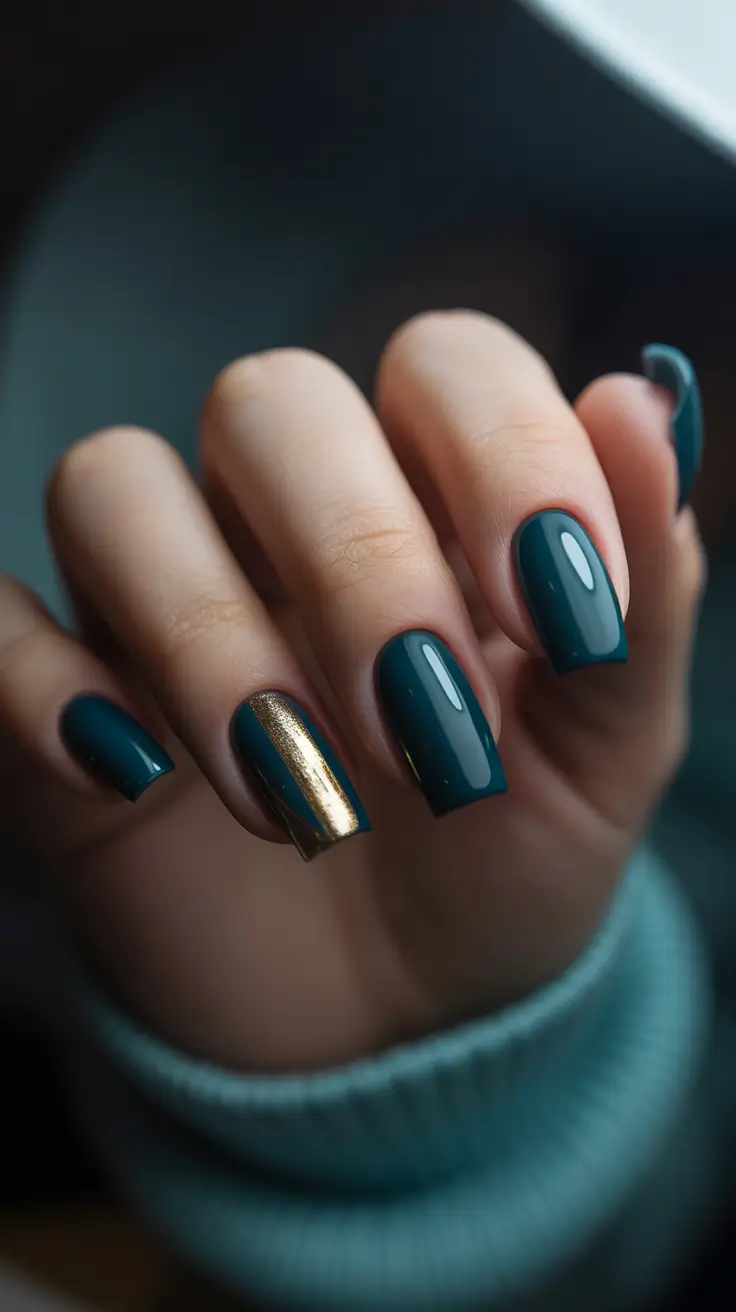 Winter 2025-2026 Dark Nail Colors Ideas Emerald and Gold Balance