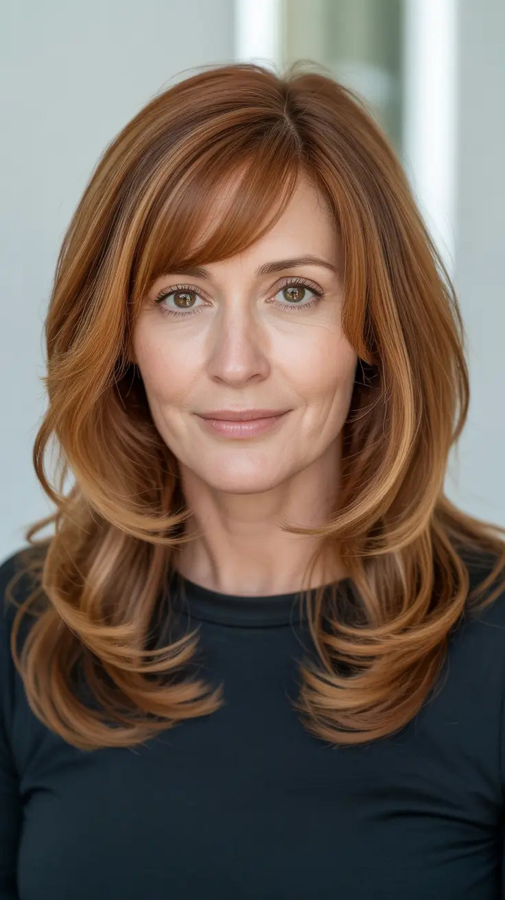 Winter 2025 2026 haircut Copper Layers with Face-Framing Bangs