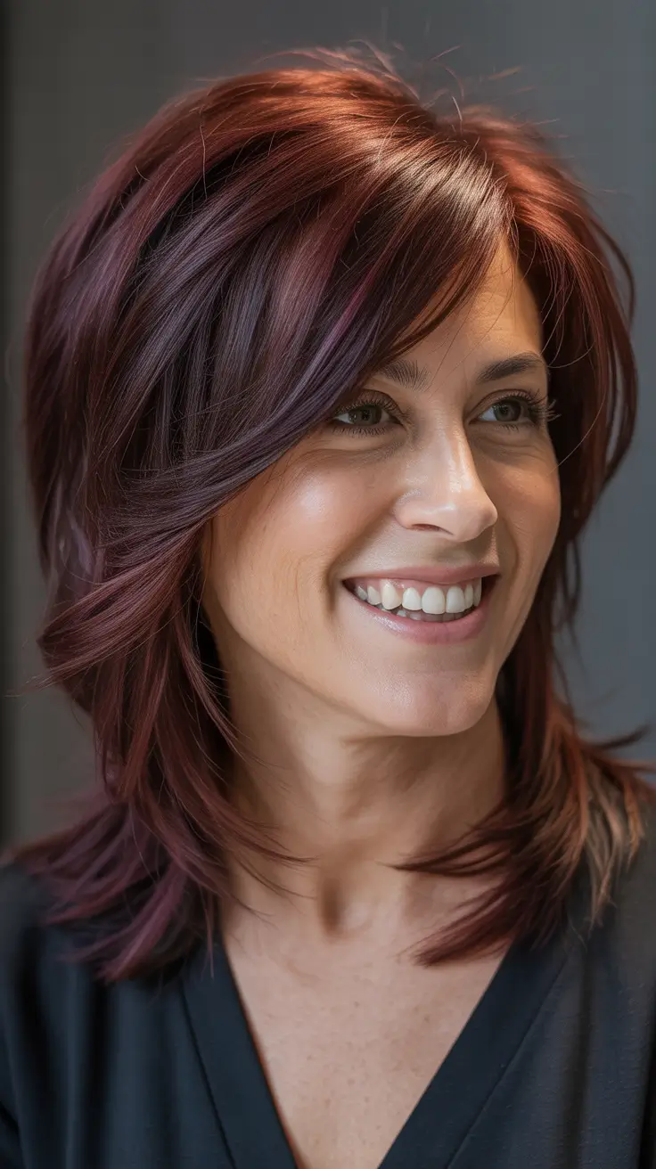 Winter 2025 2026 haircut Rich Burgundy Layers with Side-Swept Bangs