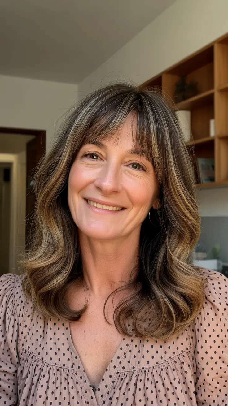 Winter 2025 2026 haircut Soft Balayage Waves with Curtain Bangs