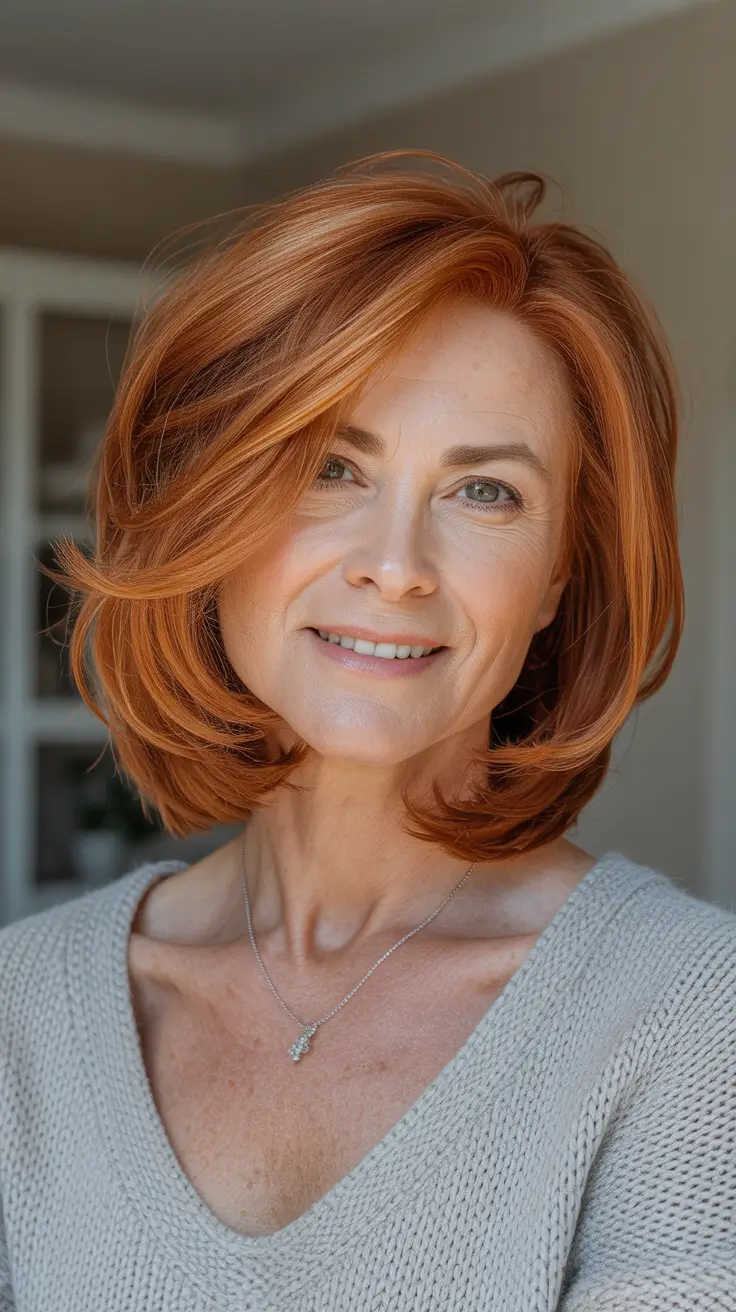 Winter 2025 2026 Haircuts for 50+ Women Copper Glow Bob with Sleek Body