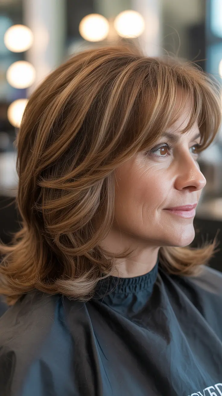 Winter 2025 2026 Haircuts for 50+ Women Warm Brunette Layers with Feathered Bangs