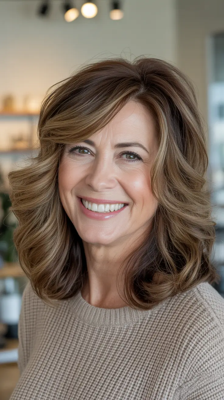 Winter 2025 2026 Haircuts for 50+ Women Soft Chocolate Curls with Caramel Lowlights
