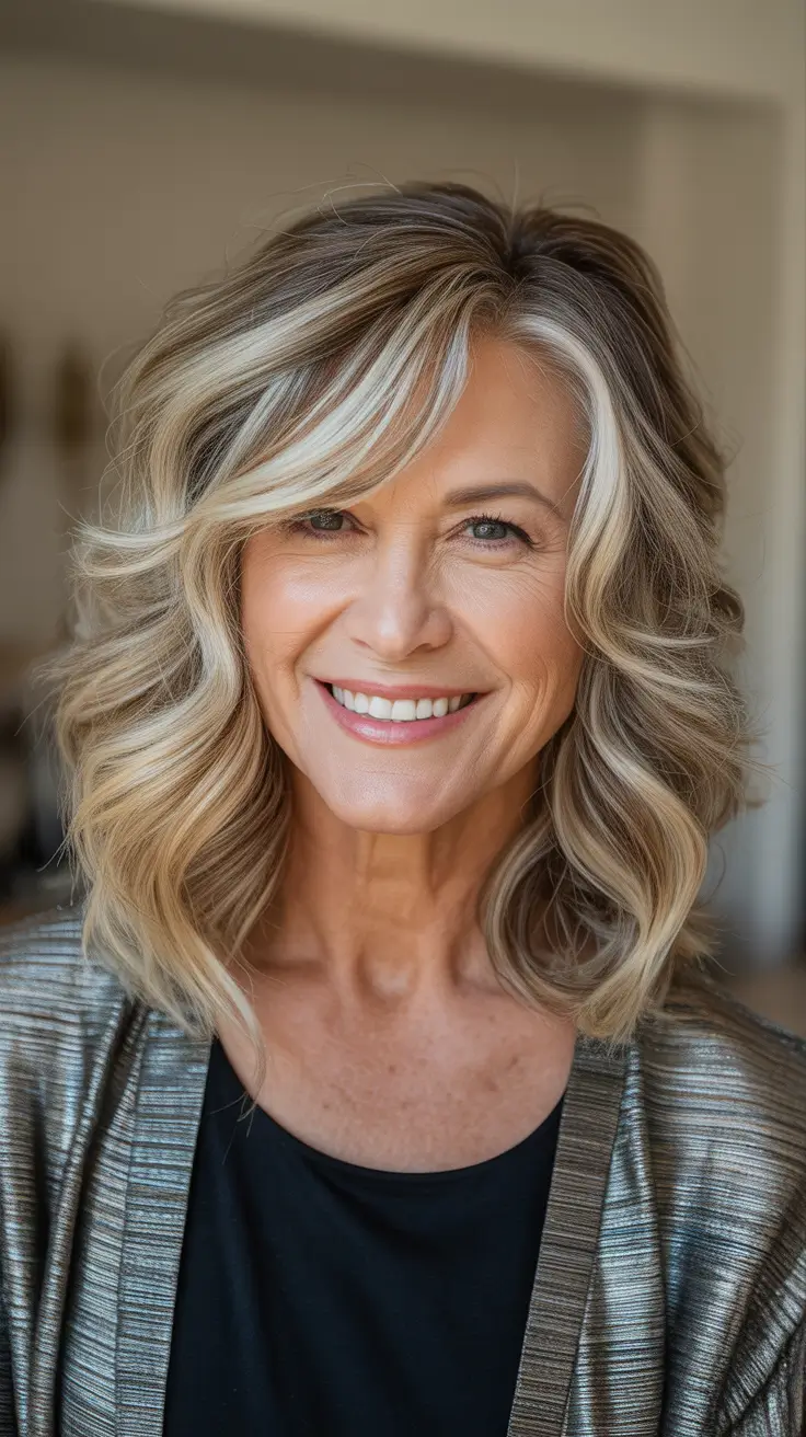 Winter 2025 2026 Haircuts for 50+ Women Sunlit Blonde Waves with Winter Glow