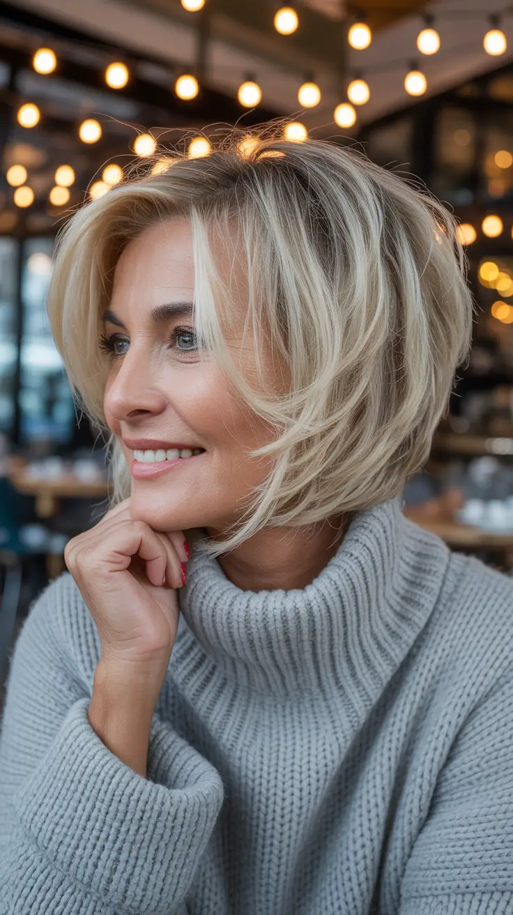 Winter 2025 2026 Haircuts for 50+ Women Textured Blonde Bob with Airy Layers