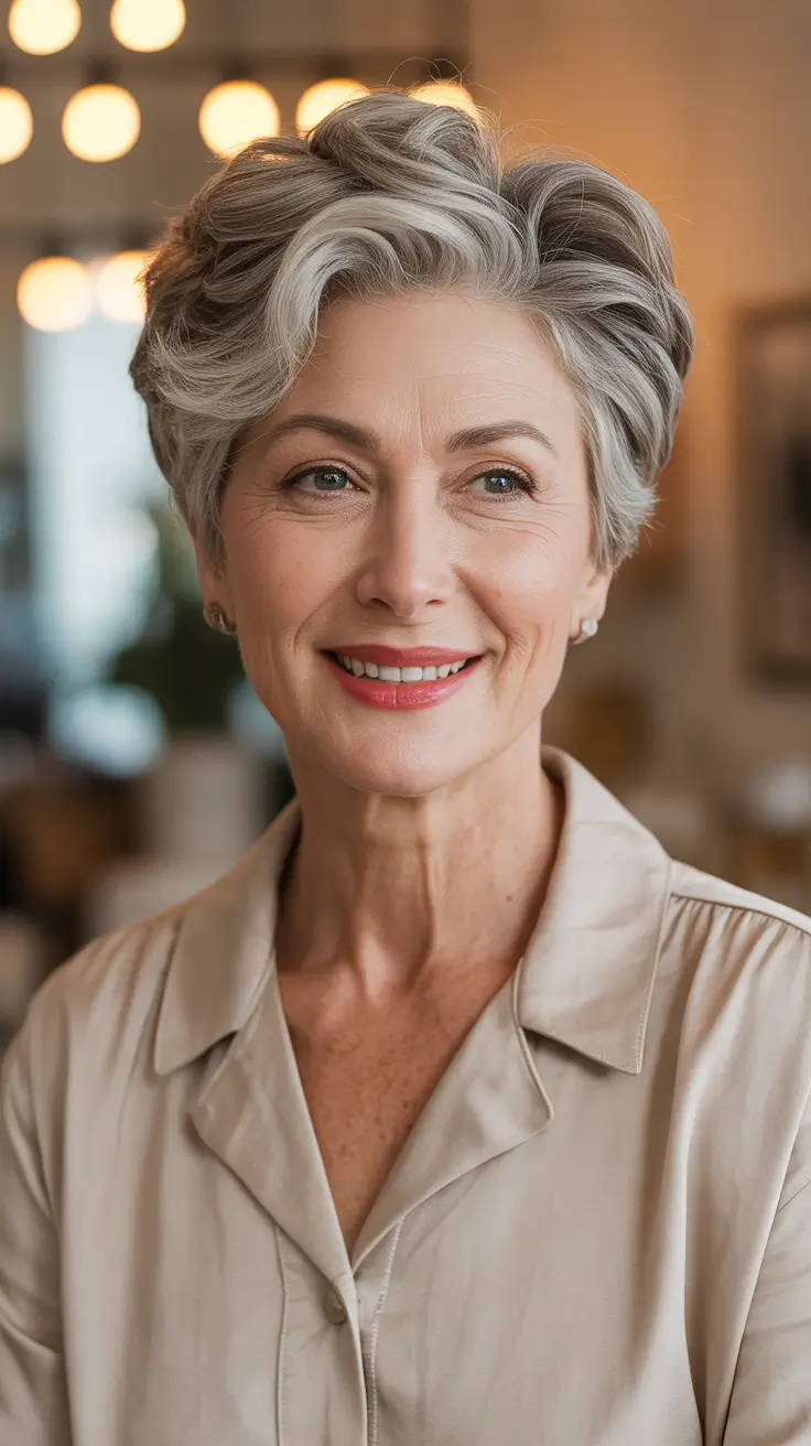 Winter 2025 2026 Haircuts for 60+ Women Short Silver Crop with Textured Lift