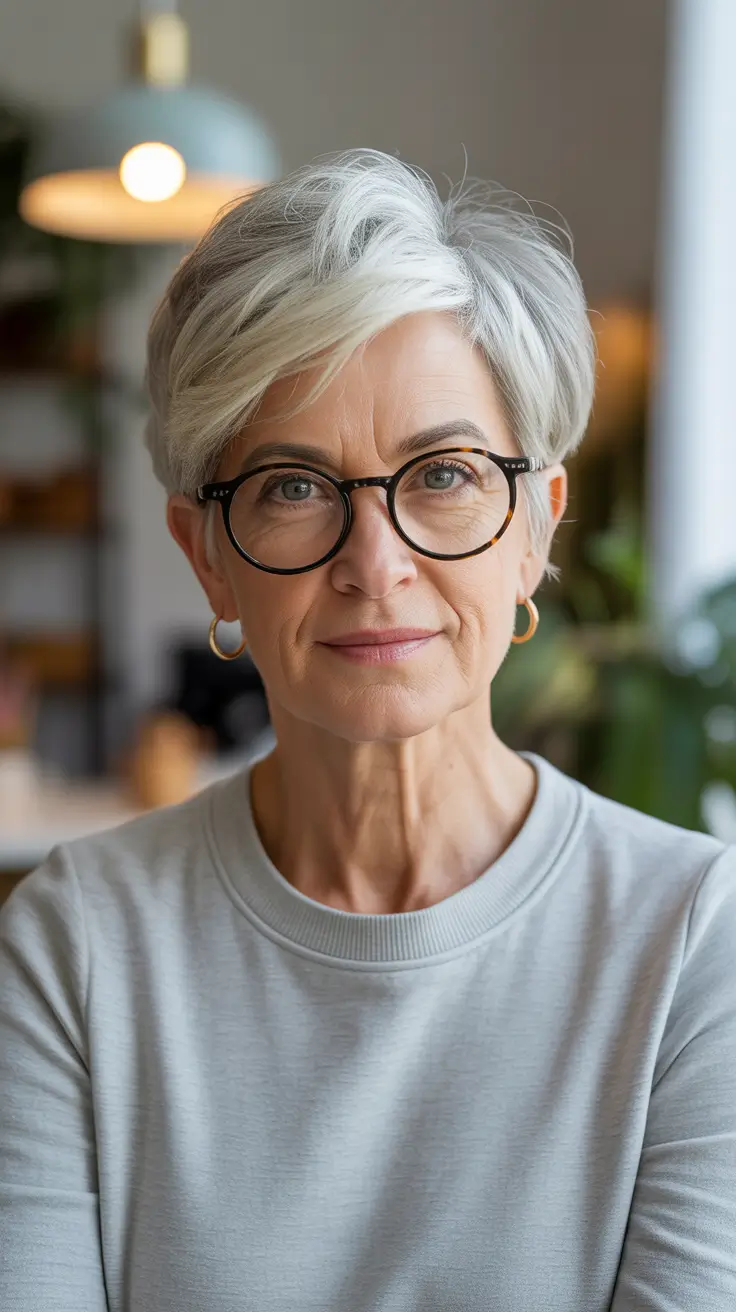 Winter 2025 2026 Haircuts for 60+ Women Platinum Pixie with Modern Edge
