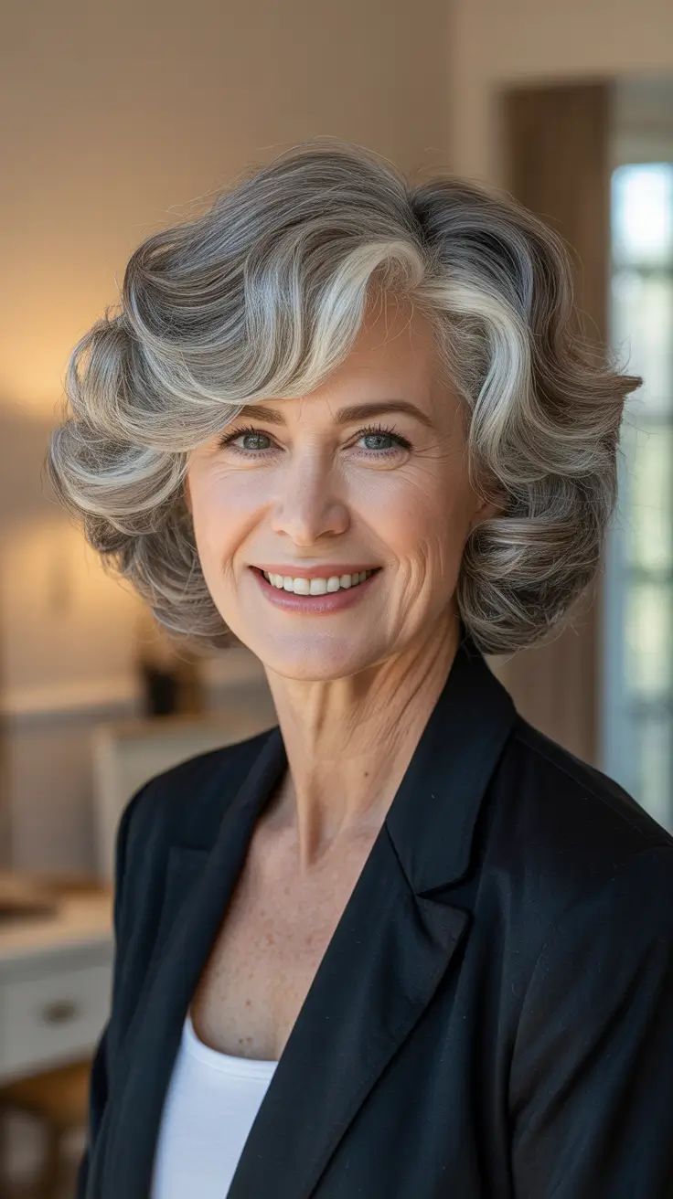 Winter 2025 2026 Haircuts for 60+ Women Voluminous Silver Waves with Classic Charm