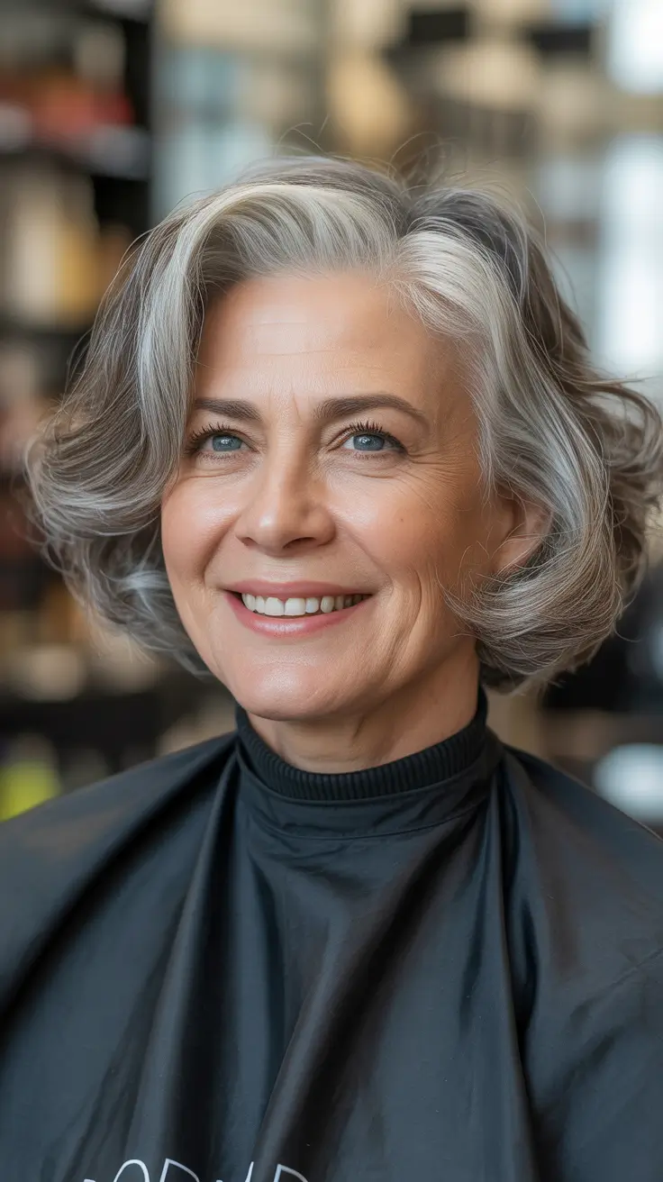 Winter 2025 2026 Haircuts for 60+ Women Softly Layered Gray Bob with Polished Shine