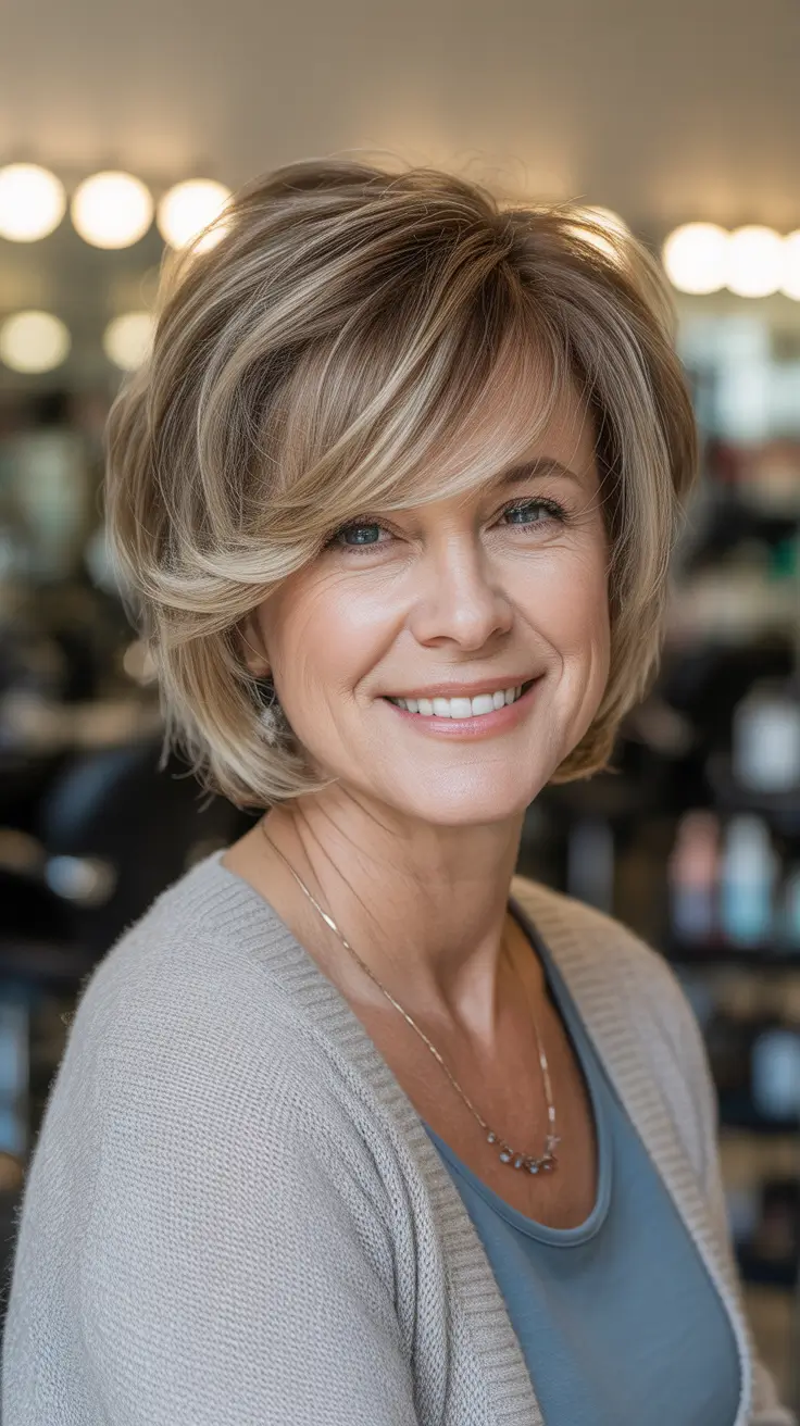 Winter 2025 2026 Haircuts for 60+ Women Warm Honey Bob with Side-Swept Volume