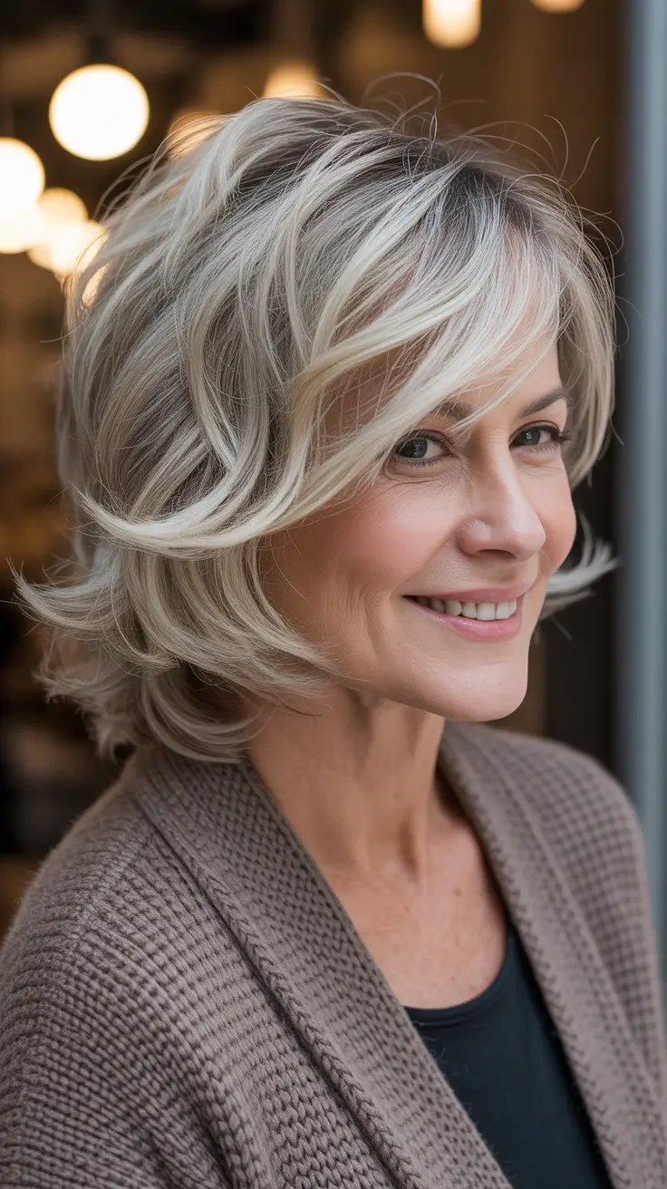 Winter 2025 2026 Haircuts for 60+ Women Feathered Silver Layers with Airy Bangs