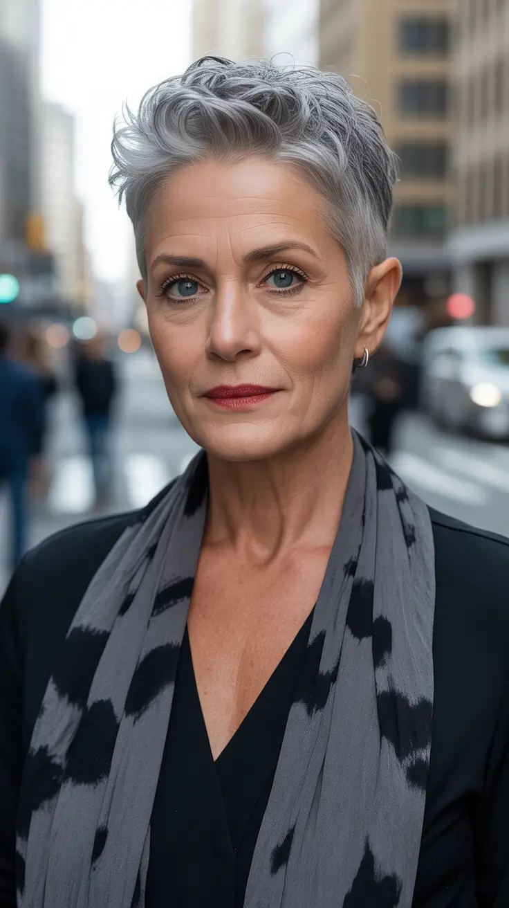 Winter 2025 2026 Haircuts for 60+ Women Short Textured Pixie with Silver Grace