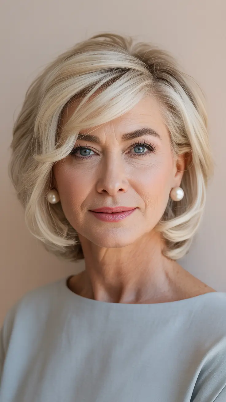 Winter 2025 2026 Haircuts for 60+ Women Polished Blonde Bob with Side-Swept Layers
