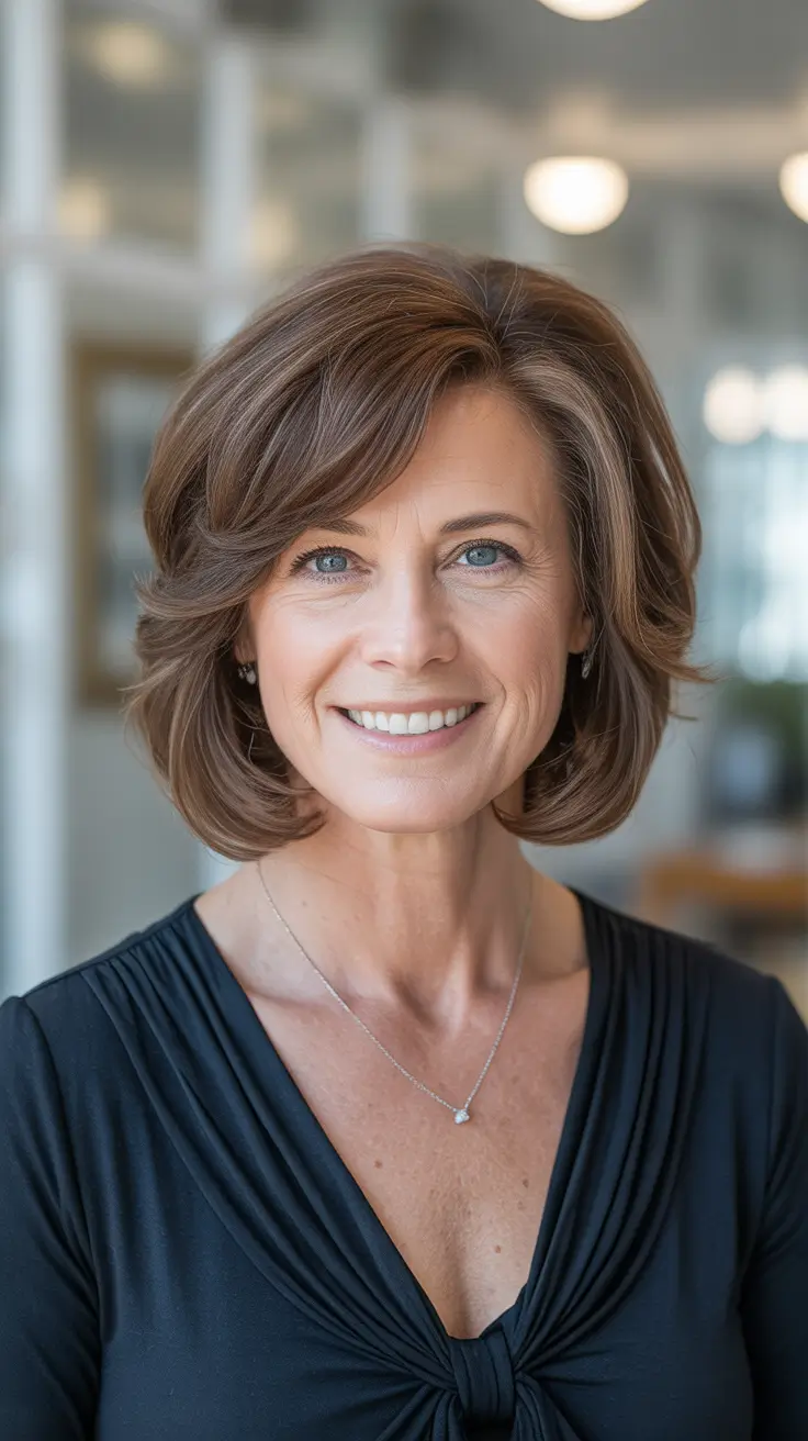 Winter 2025 2026 Haircuts for 60+ Women Layered Brunette Bob with Subtle Radiance