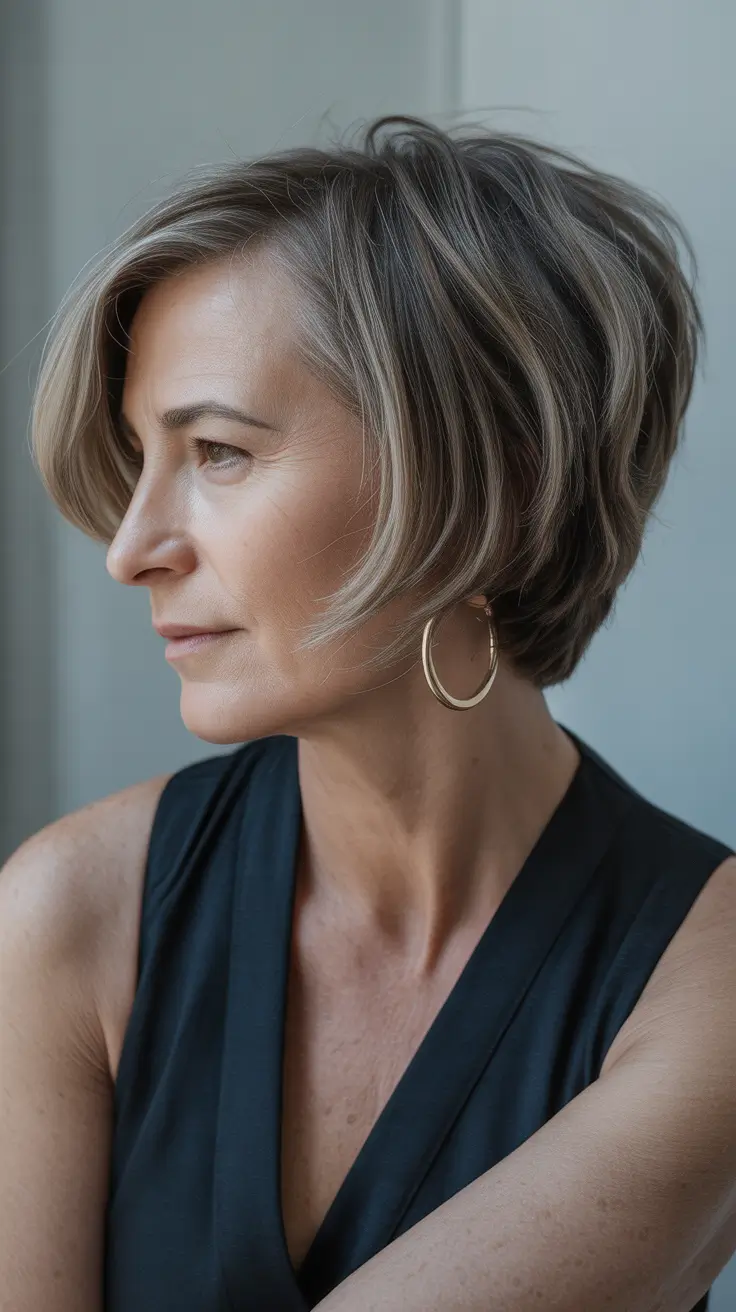 Winter 2025-2026 Hairstyles and Colors for Women Over 50 Short Textured Bob with Dimensional Highlights