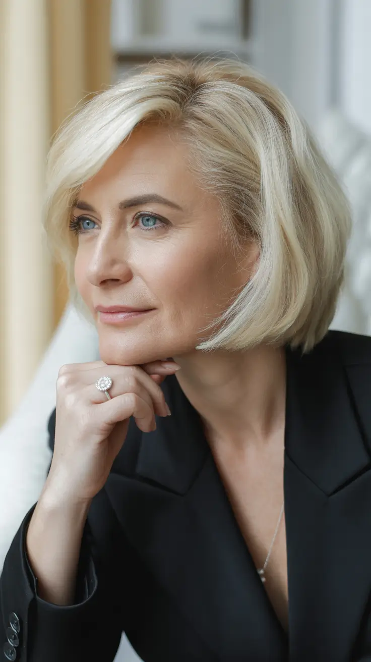 Winter 2025-2026 Hairstyles and Colors for Women Over 50 Polished Blonde Bob with Side Sweep