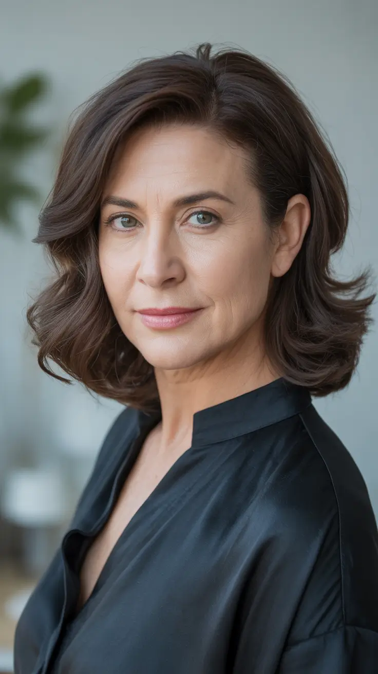 Winter 2025-2026 Hairstyles and Colors for Women Over 50 Glossy Espresso Waves with Soft Volume