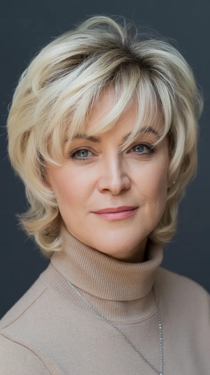 Winter 2025-2026 Hairstyles and Colors for Women Over 50 Soft Blonde Pixie with Wispy Layers