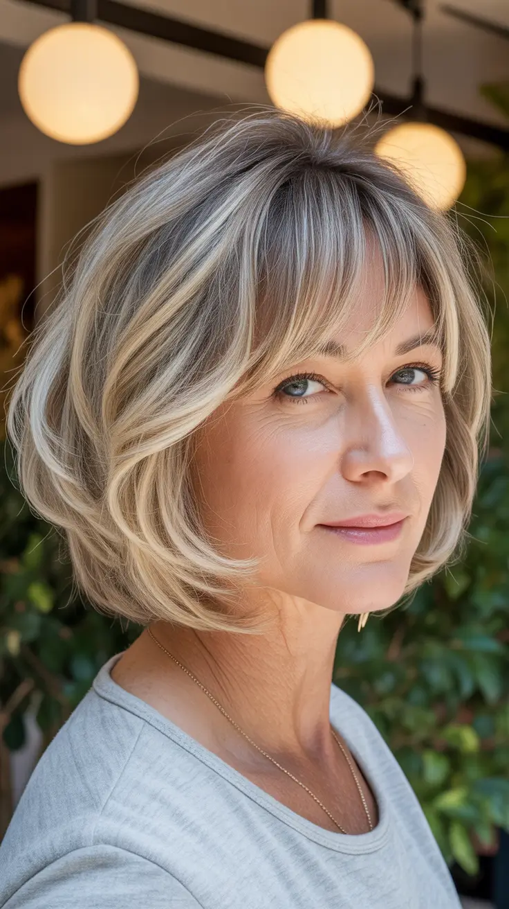 Winter 2025-2026 Hairstyles and Colors for Women Over 50 Layered Bob with Natural Blonde Blend