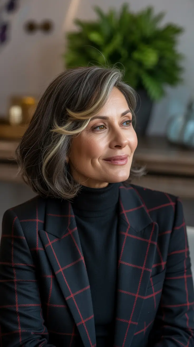 Winter 2025-2026 Hairstyles and Colors for Women Over 50 Soft Brunette Bob with Silver Touches