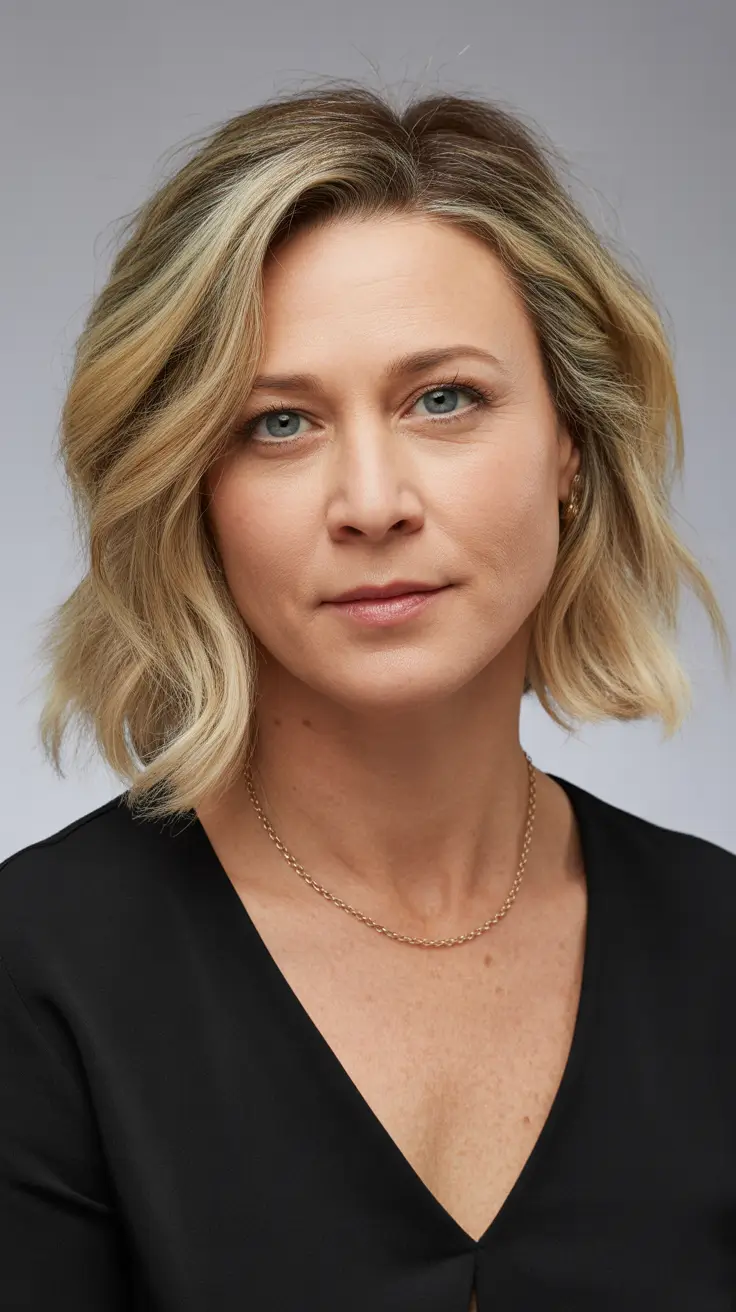 Winter 2025-2026 Hairstyles and Colors for Women Over 50 Blonde Wavy Lob with Natural Texture