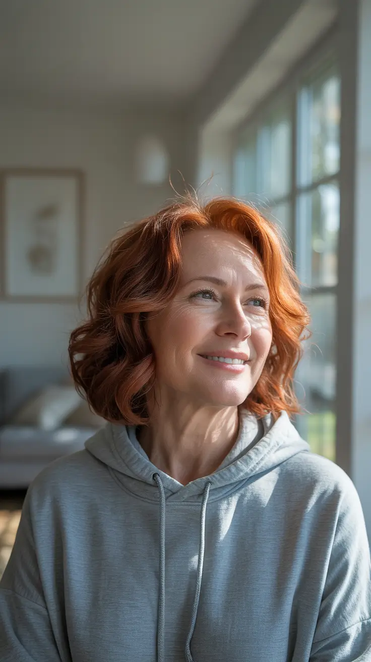 Winter 2025-2026 Hairstyles and Colors for Women Over 50 Soft Auburn Waves with Winter Light