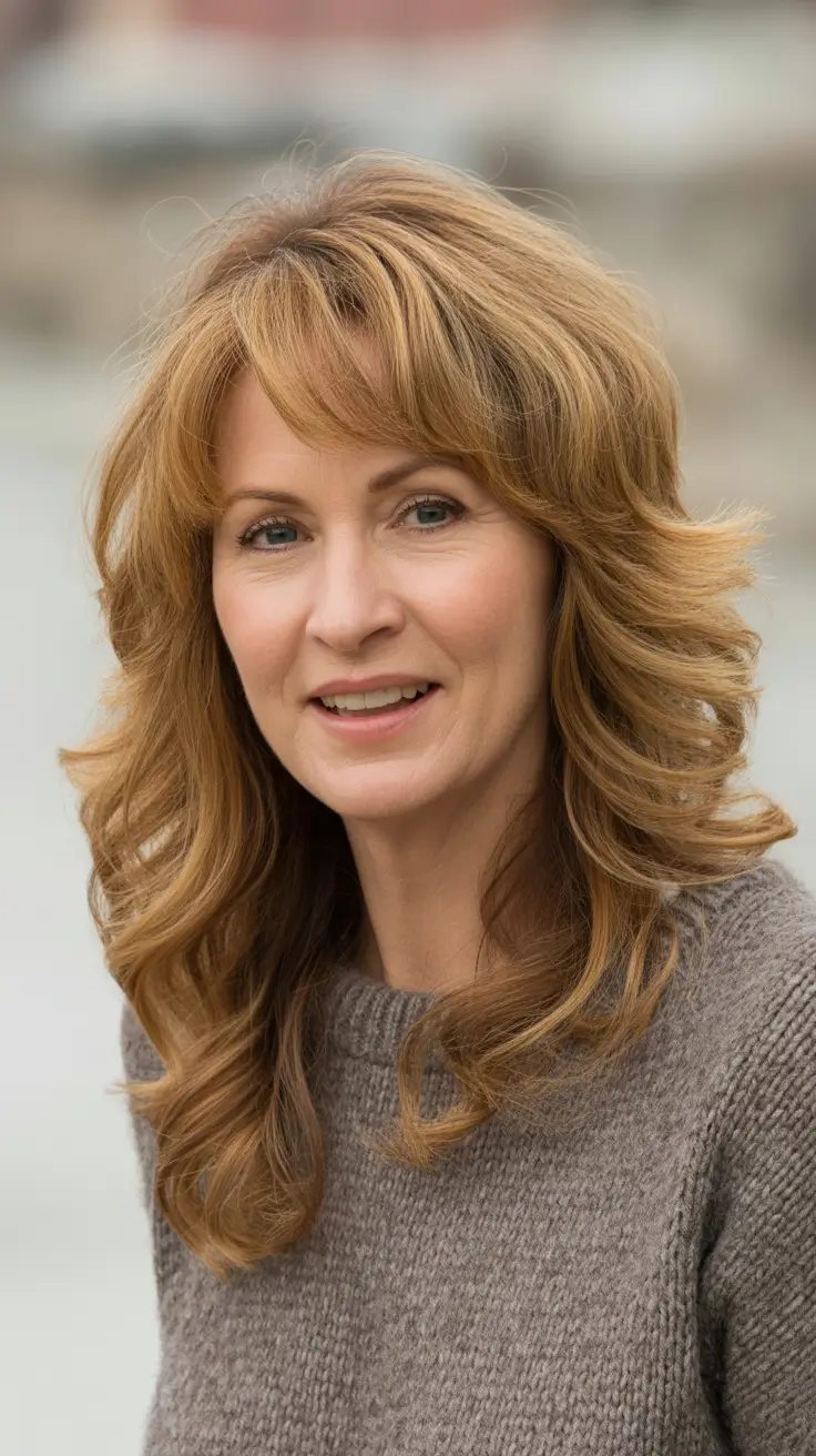 Winter 2025-2026 Hairstyles and Colors for Women Over 50 Warm Caramel Curls with Feathered Bangs