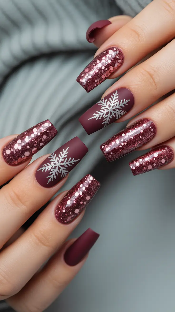 Winter Acrylic Nails 2025–2026 Glam Burgundy with Silver Snowflakes