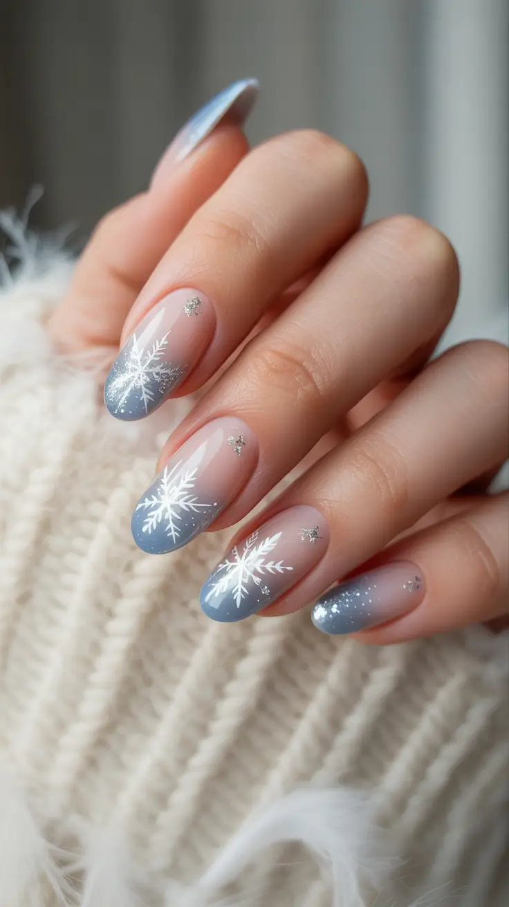 Winter Acrylic Nails 2025–2026 Blue Ombre Snowflakes