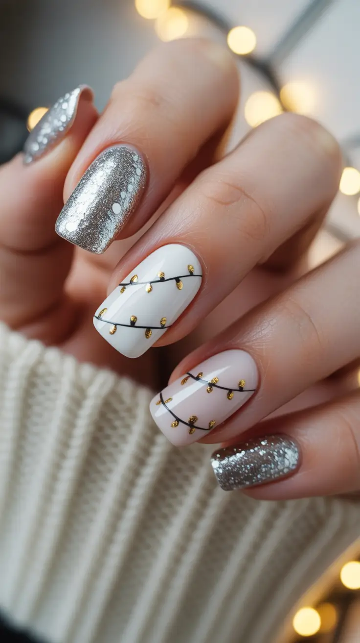 Winter Acrylic Nails 2025–2026 Golden Light Strings