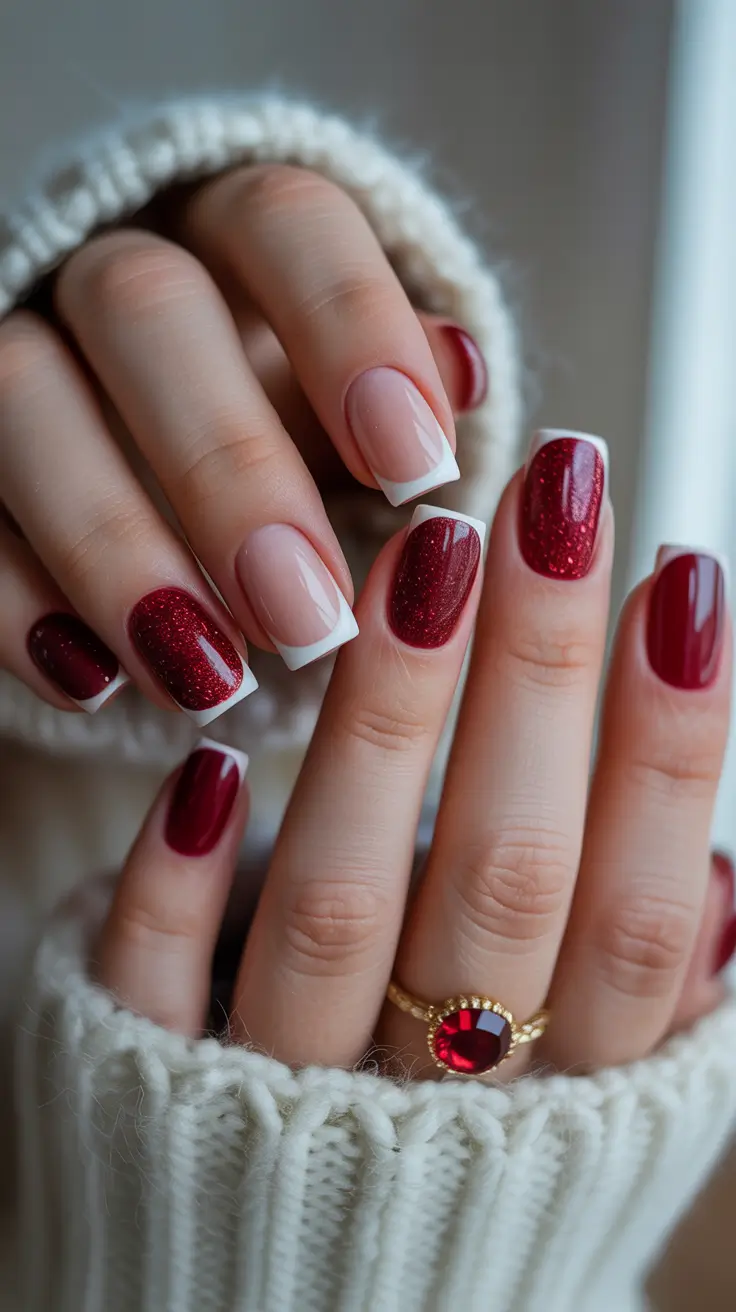 Winter Acrylic Nails 2025–2026 Crimson French Sparkle