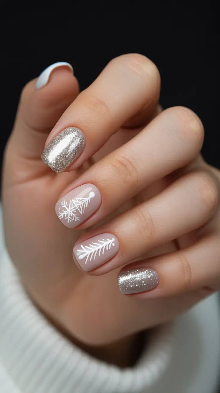 Winter Acrylic Nails 2025–2026 Champagne Frost with Winter Trees